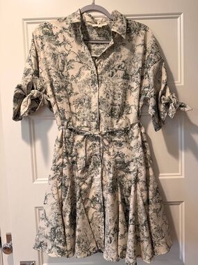 Umgee Cream and Green Printed Shirt Dress